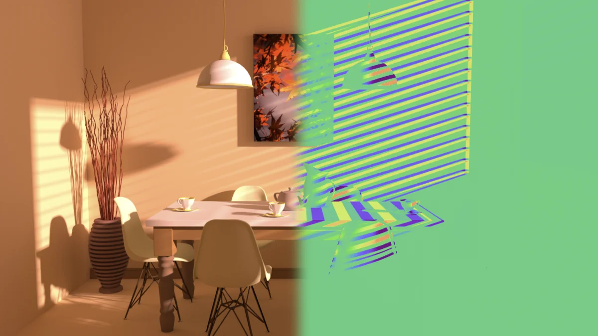 A rendered dining-room scene, its right half replaced by a false-colour map of the image gradients with respect to scene geometry.